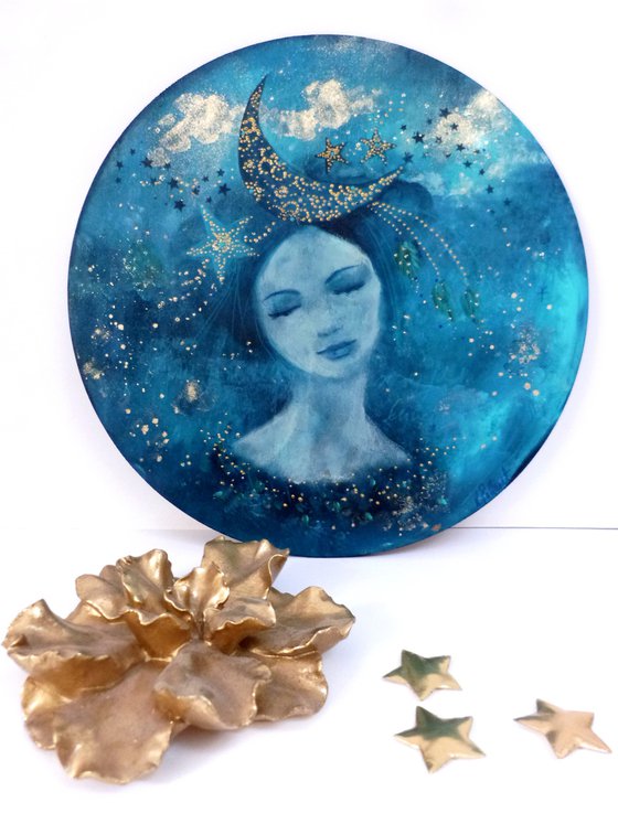 In her wildest dreams, she saw herself as a moon woman. 30 cm diameter on wood.