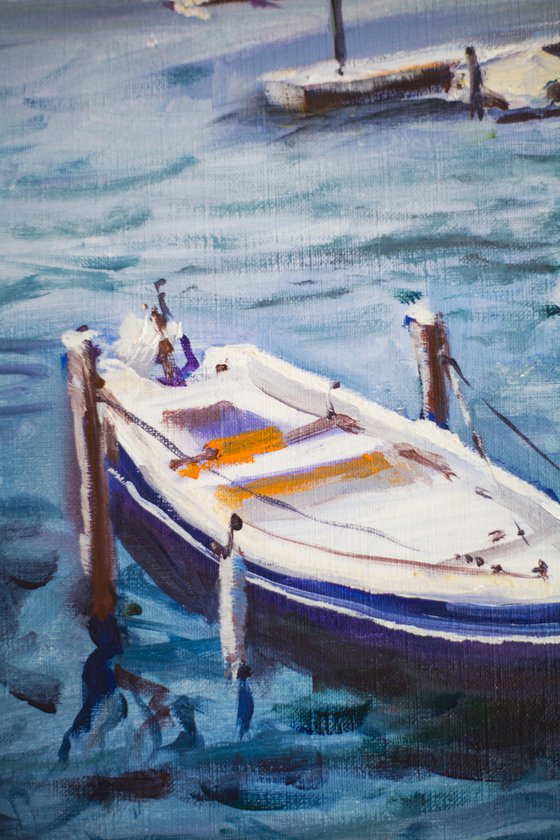 Ascona marina. Stormy weather in Swiss lake. Lago Magiore original oil painting switzerland seascape boats medium size blue landscape interior