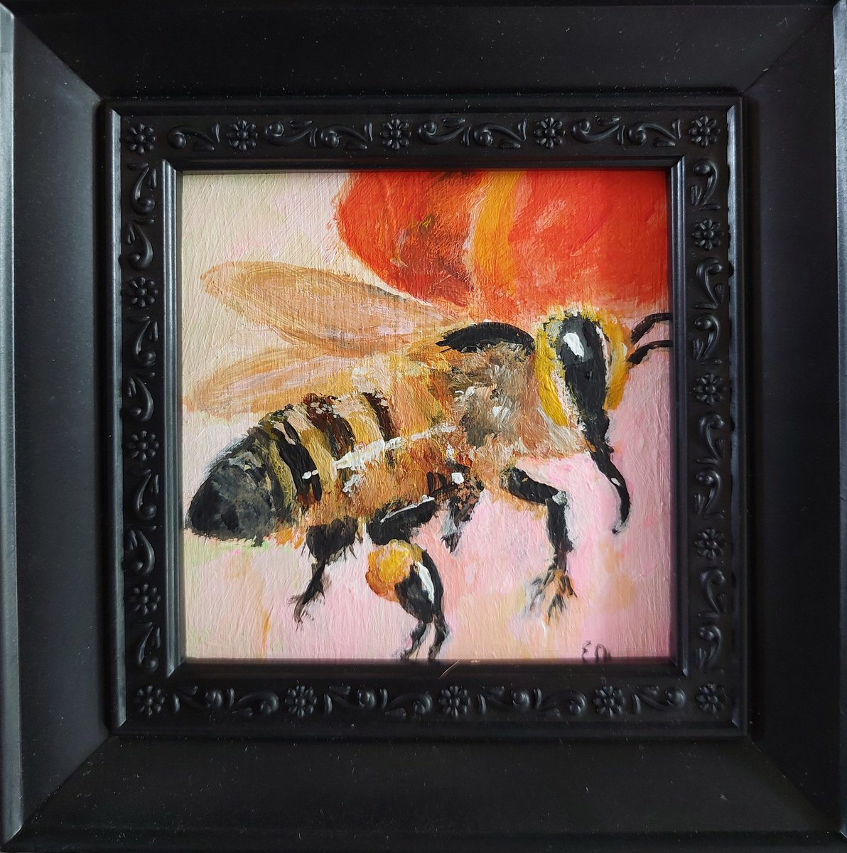 Impressionistic Animal Acrylic Painting By Els Driesen, 6 X 6, Working Bee, Original Artwork