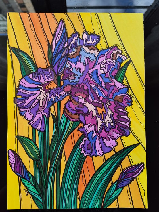 Irises - purple lilac yellow abstract flowers in stained glass cubism style