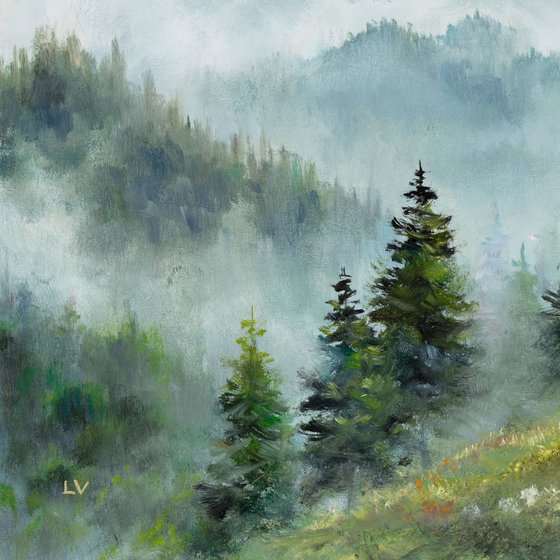 Misty mountains whith pine trees