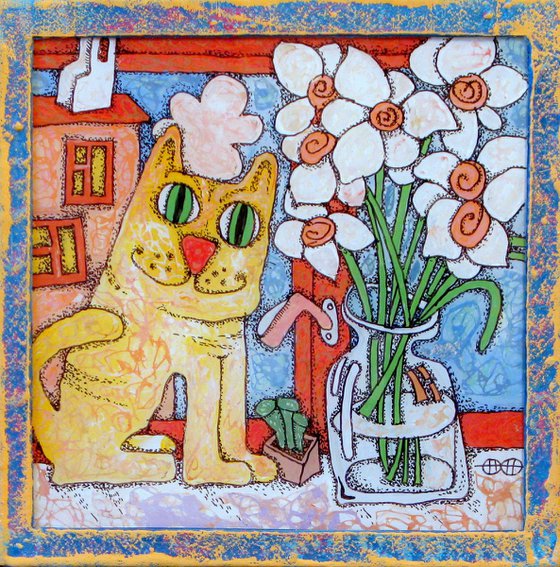 Cat and daffodils