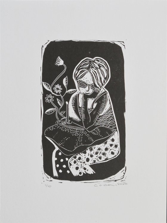 Doodle Girl. - Lino Print