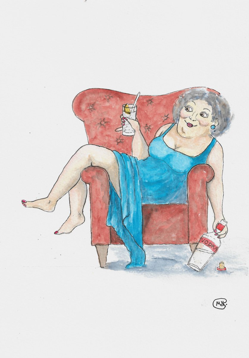 Illustrative Portrait Watercolour By Marjansart, 8 X 12", Vodka And An Easy Chair, Original Artwork