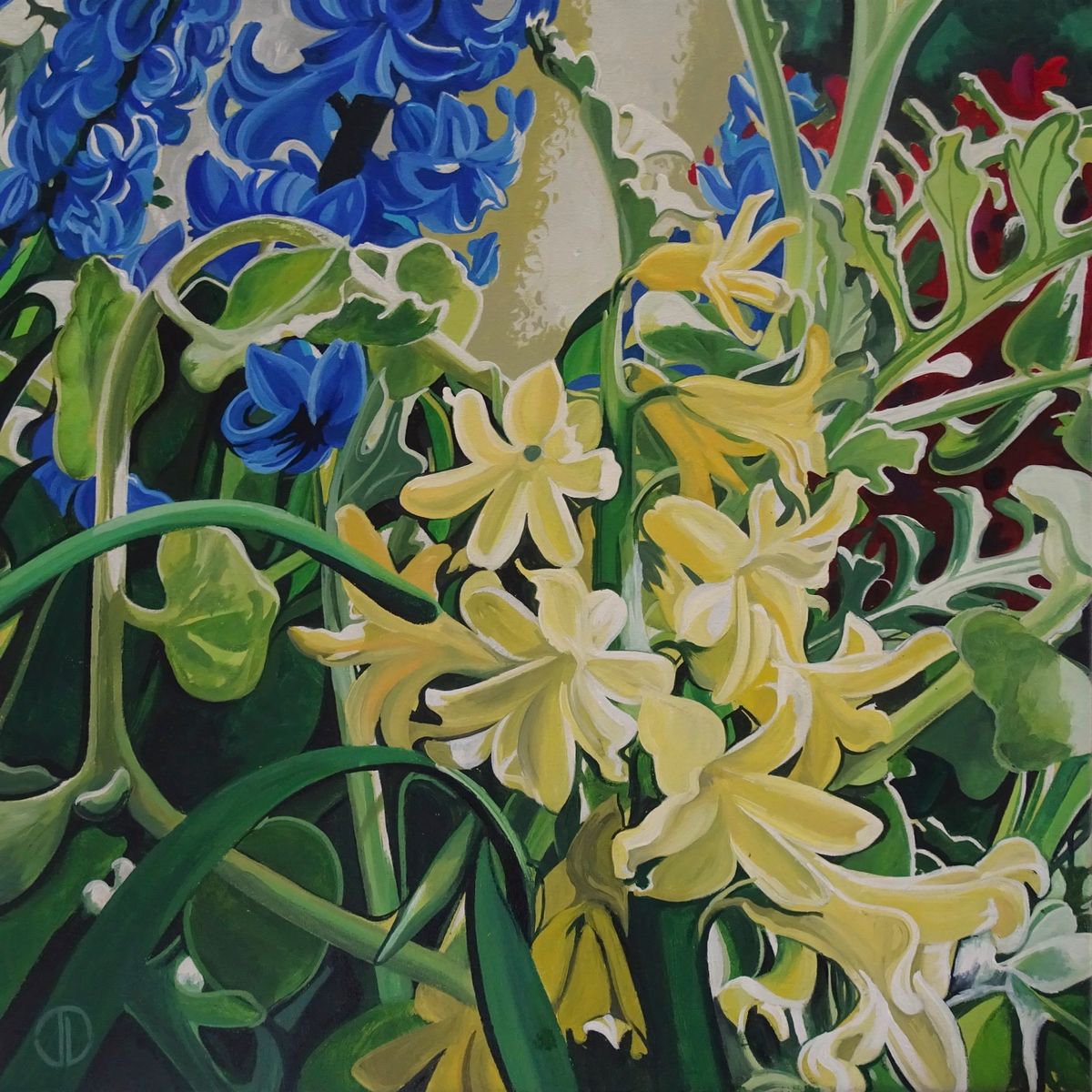 Impressionistic Botanical Acrylic Painting By Joseph Lynch, 20 X 20, Warm Yellows And Cool Blues, Original Artwork