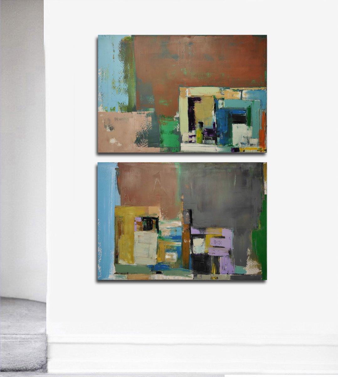Oil painting, canvas art, stretched, diptych Layer city 46. Size 2x (39.4 x 27.5 inches... by Kariko ono