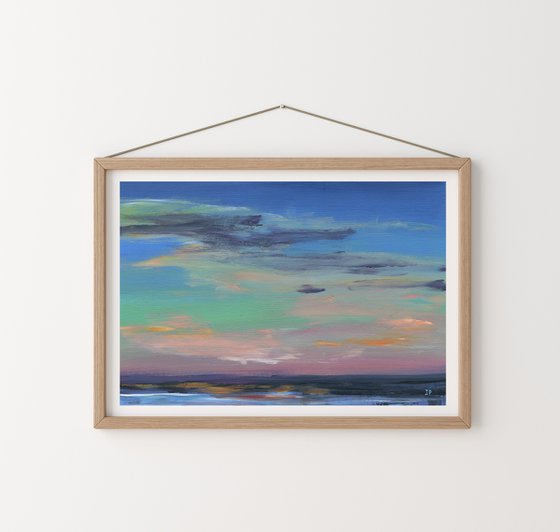 Abstract acrylic sea landscape painting , coastal sunset artwork , beach wall art with cloudy sky