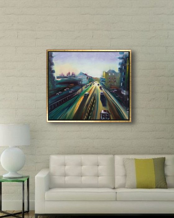 'THE EVENING TRAFFIC IN A GERMAN TOWN' - Cityscape Oil Painting on Canvas