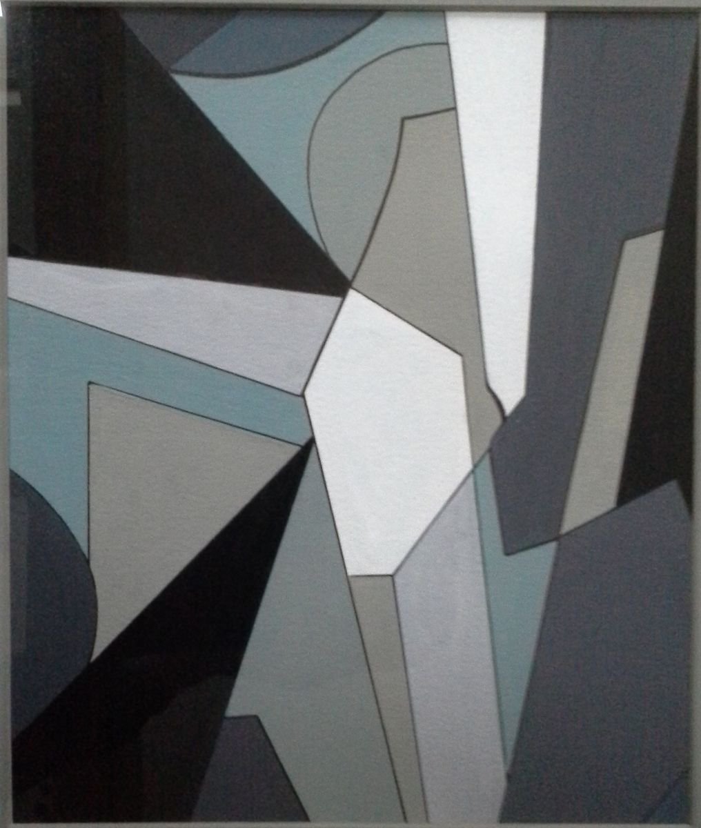 Geometric Abstract Painting By Paul Heron, 14 X 16", Grey Shades, Original Artwork