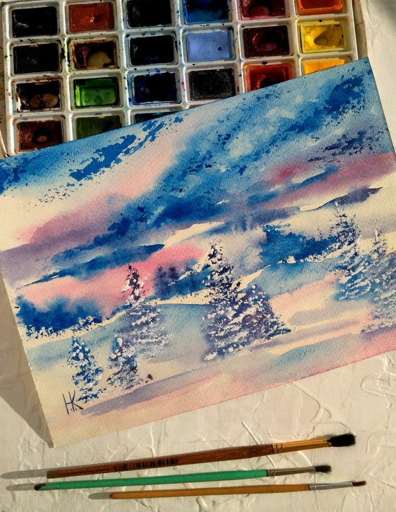 Appalachian Winter Painting Christmas Original Art Mountains Small Winter Forest Watercolor Landscape Artwork Home Wall Art 10 by 7" by Halyna Kirichenko