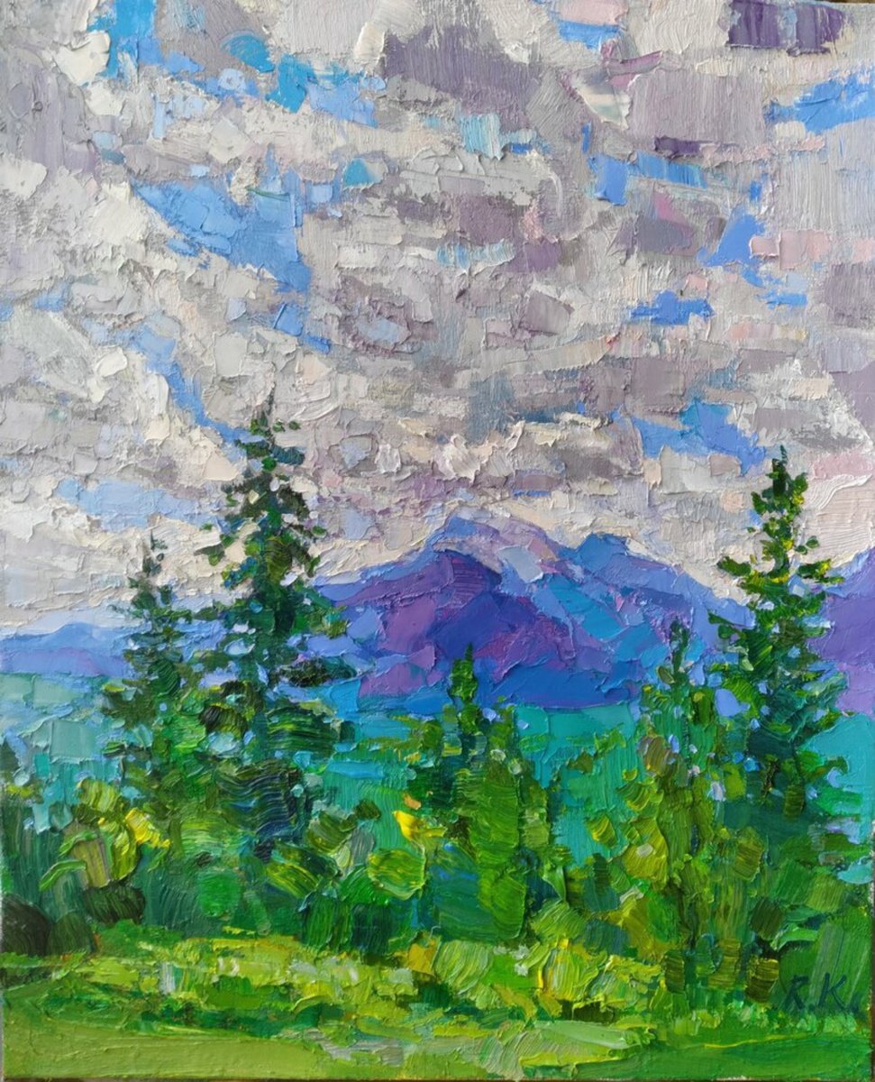 Impressionistic Landscape Oil Painting By Ruslan Khais, 21 X 26", Am. Blue And Grey Sky, Original Artwork
