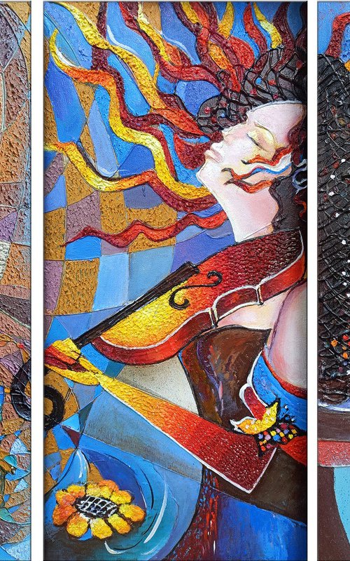 Passion music (90x60cm oil painting, 30x60cm, 30x60cm, 30x60cm) by Ruzanna Melqumian