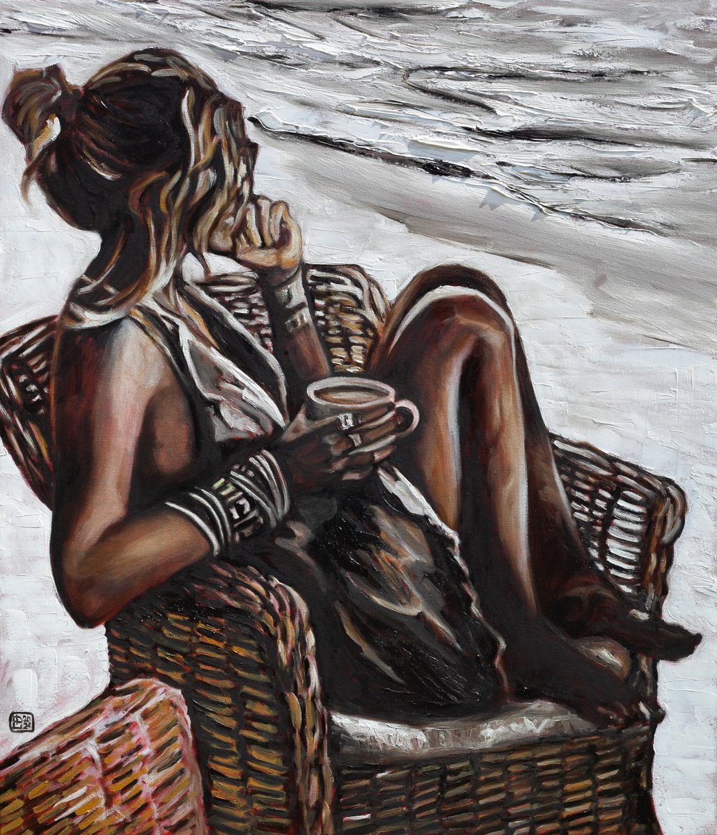 Impressionistic Portrait Oil Painting By Liudmila Pisliakova, 24 X 28", Coffee Morning, Original Artwork