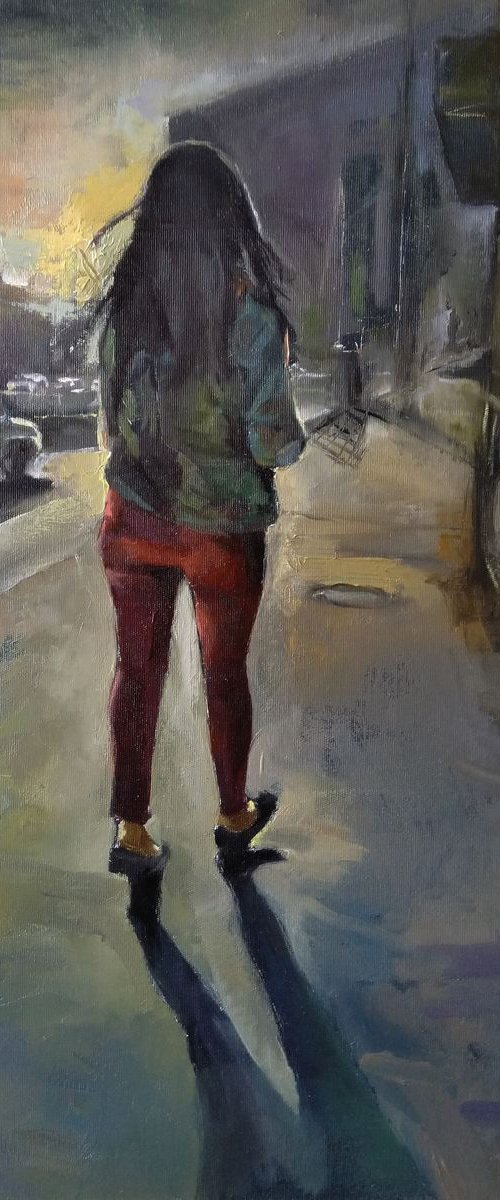 Stranger (60x50cm, oil painting, ready to hang, impressionistic oil painting, cityscape painting) by Kamsar Ohanyan