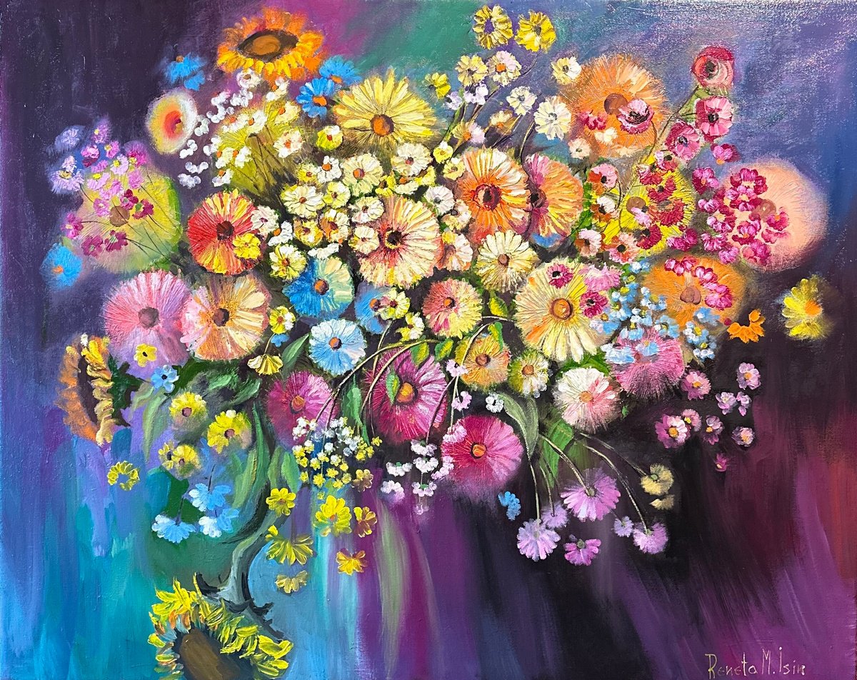 Expressive Botanical Oil Painting By Reneta Isin, 39 X 31", " Abstract Flowers ", Original Artwork