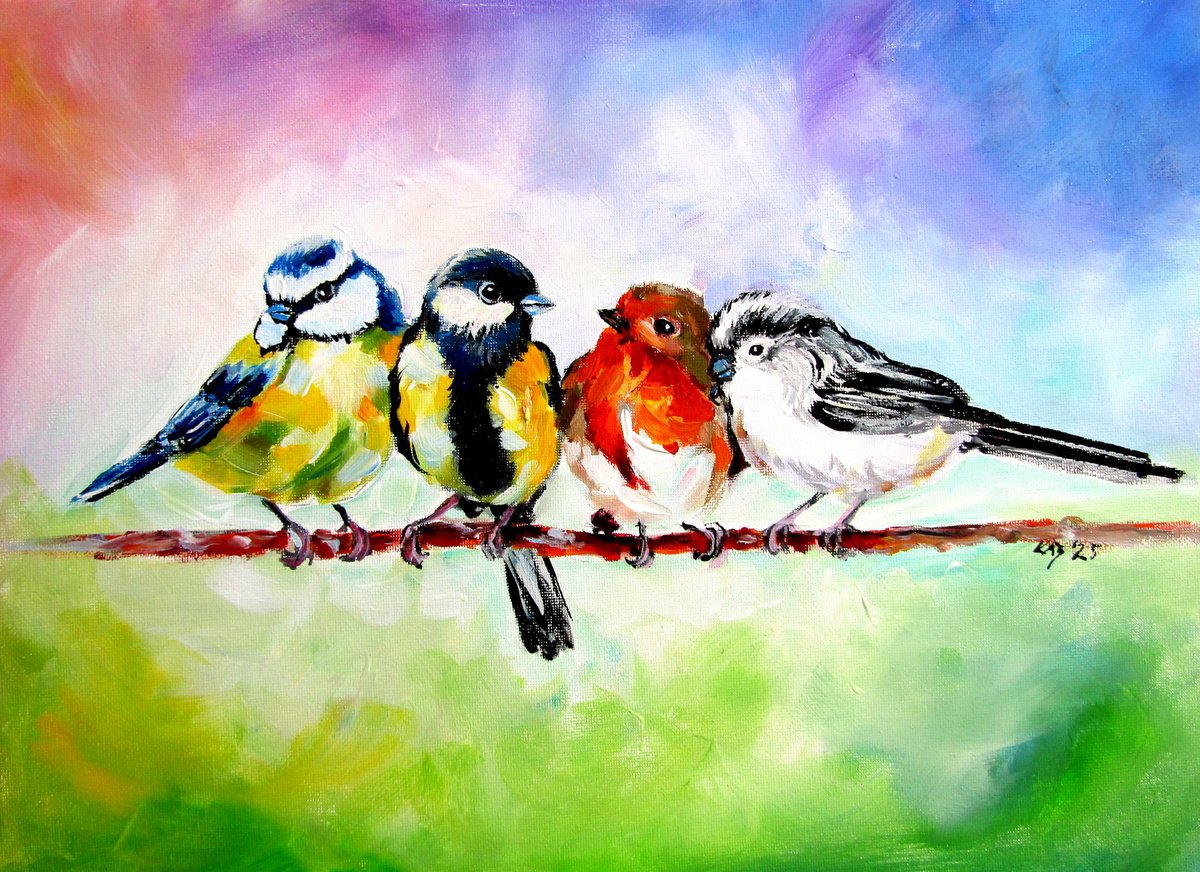 Impressionistic Animal Acrylic Painting By Kovacs Anna Brigitta, 16 X 12", Birds Together, Original Artwork