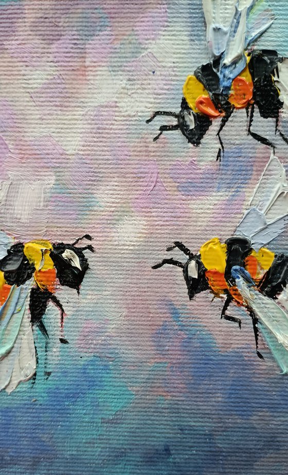 In the sky - small painting, bumblebee insects, oil painting, postcard, bumblebee, bumblebee oil, painting, gift, gift idea, insects