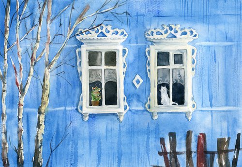 Beautiful traditional wooden house. Original watercolor artwork. by Evgeniya Mokeeva