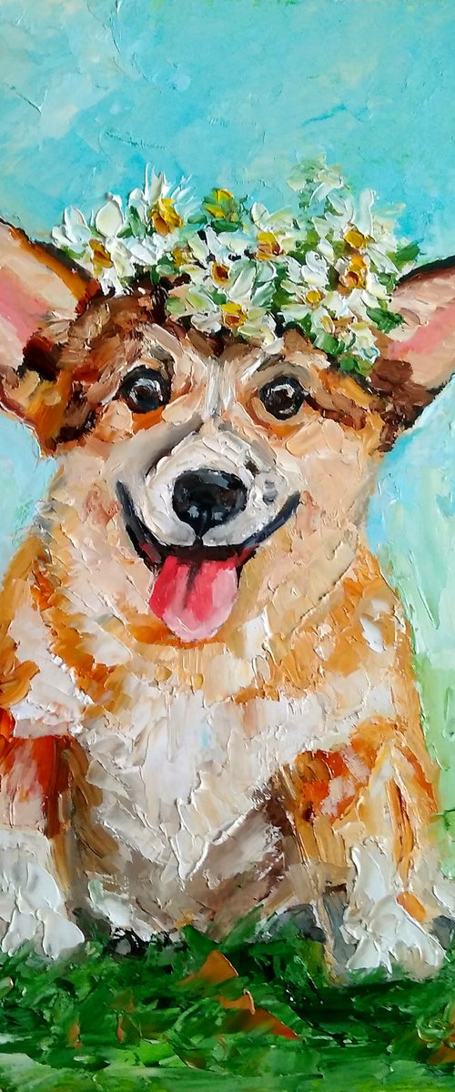 Summer Smile, Smiling Corgi Painting Original Art Dog Artwork Pet Portrait Floral Daisies Wreath Wall Art by Yulia Berseneva