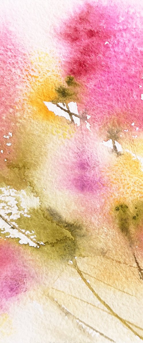 Soft pink abstract flowers, small watercolor painting by Olga Grigo