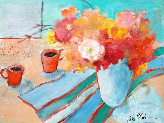 Morning Warmth Still Life Painting on Paper Vase of Flowers, Bouquet