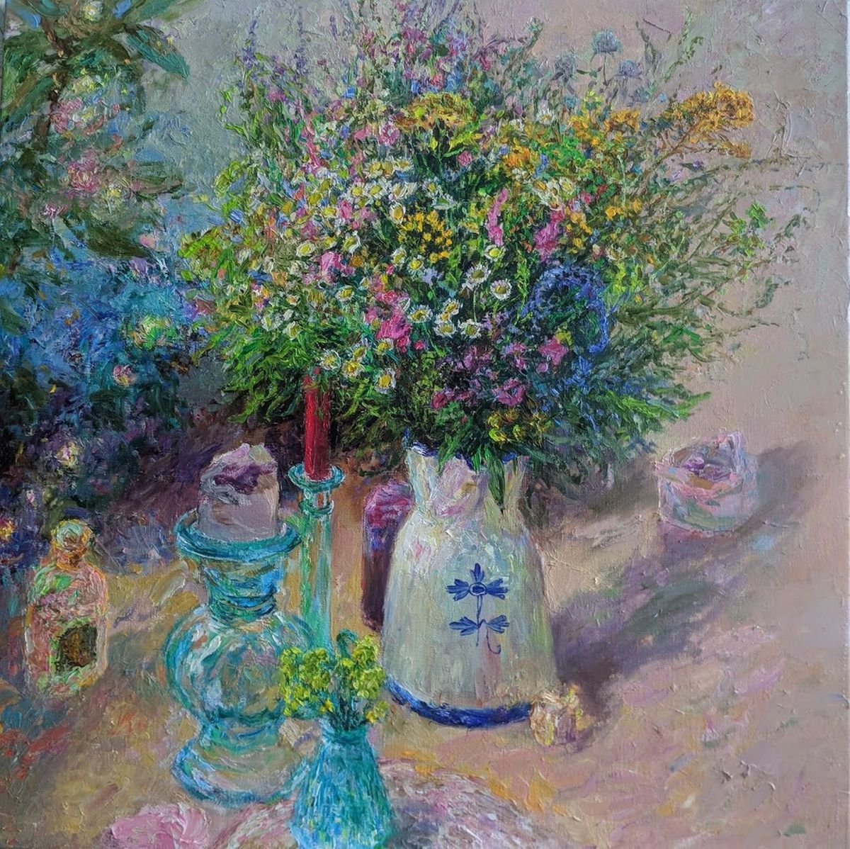 Impressionistic Still Life Oil Painting By Svetlana Koval (Gunchenko), 28 X 28", Bouquet Of Summer Flowers, Original Artwork