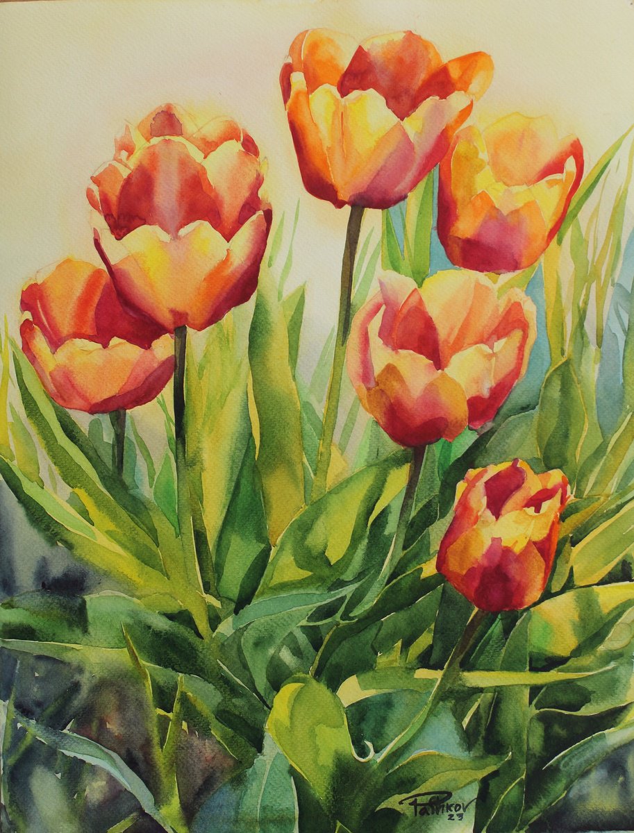 Impressionistic Botanical Watercolour By Yurii Pashkov, 15 X 19", Tulips, Original Artwork