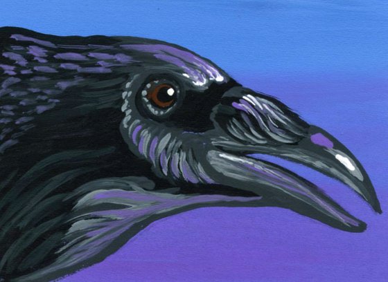 ACEO ATC Original Miniature Painting Crow Raven Bird Wildlife Art-Carla Smale