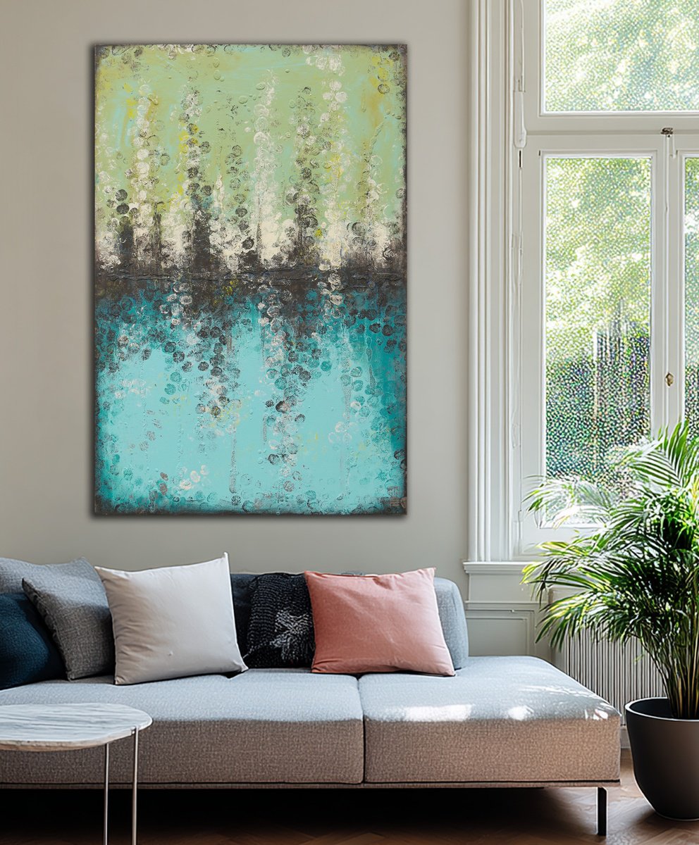 Abstract Acrylic Painting By Ronald Hunter, 31 X 47", Boiling Bubbles Turquoise, Original Artwork