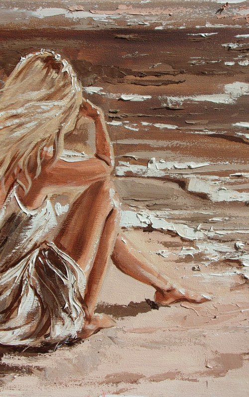 " ON THE BEACH ... " SUN SKY SEA SAND liGHt  ORIGINAL OIL PAINTING, GIFT, PALETTE KNIFE by Monika Luniak