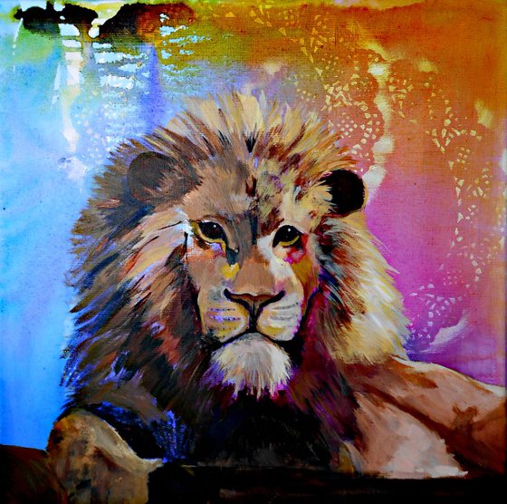 Lion Animal Portrait - Abstract Contemporary Big Cat Painting with Bohemian Pattern