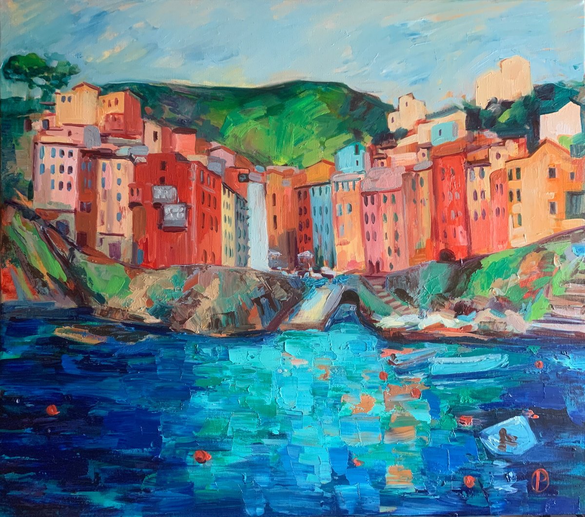 Impressionistic Landscape Oil Painting By Olga Pascari, 31 X 28", Cinque Terre, Original Artwork