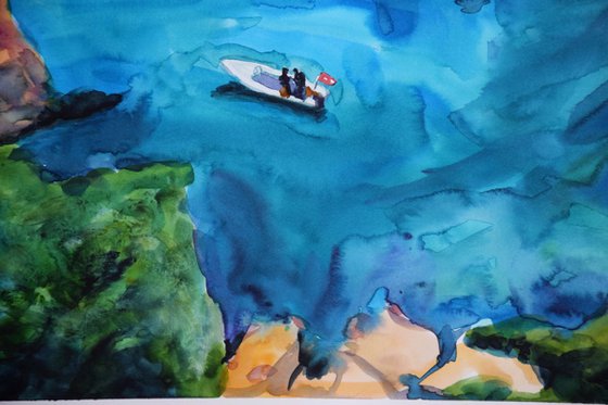 Greece seascape big original watercolor painting, coastal home decor