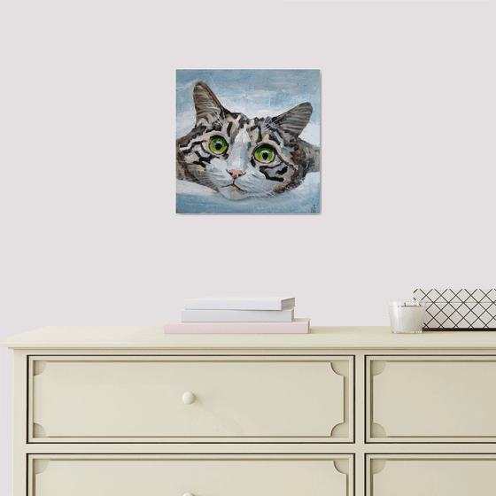 Tabby Cat Painting Pet Original Art Grey Cat Portrait Artwork Funny Animal Wall Art