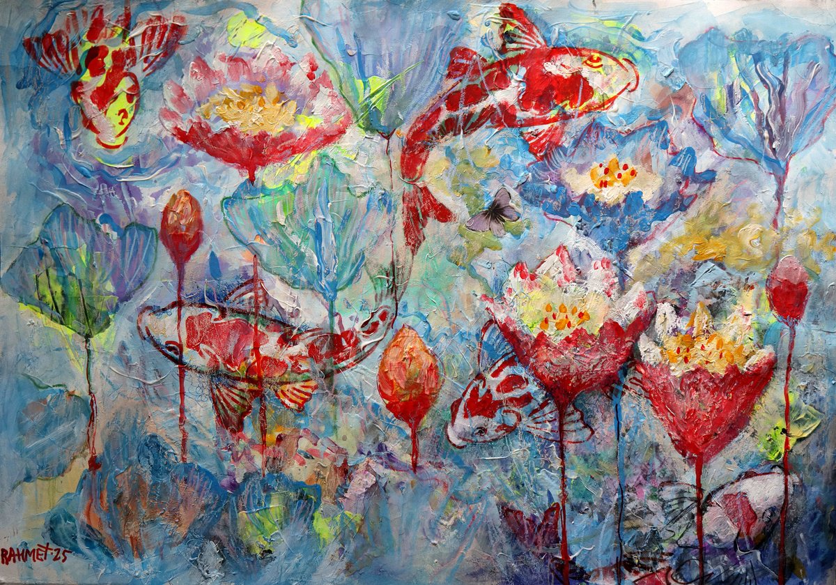 Impressionistic Botanical Acrylic Painting By Rakhmet Redzhepov, 23 X 17", Fantasy With Flowers 301, Original Artwork