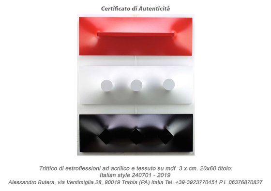 Italian style (serie) trittico di estroflessioni ad acrilico e tessuto su mdf e legno