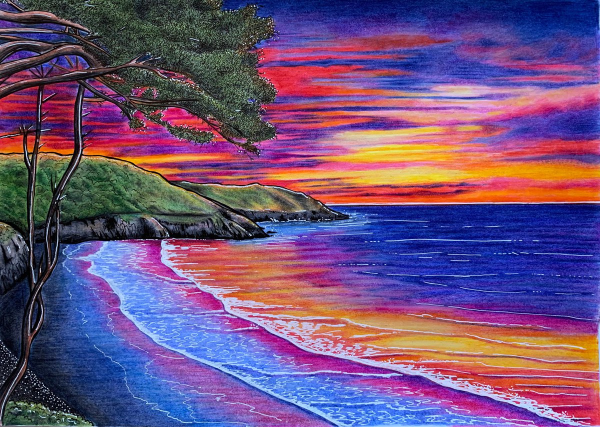 Illustrative Painting , Caswell Sunset By Karen Elaine Evans, 17 X 12, Artwork For Sale On Artfinder