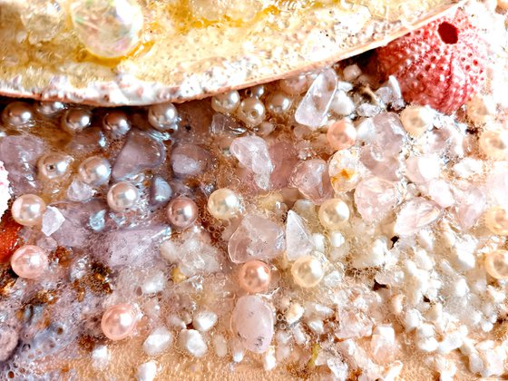 Goddess of the sea - wall sculpture painting. Shells, pearls, rose quartz