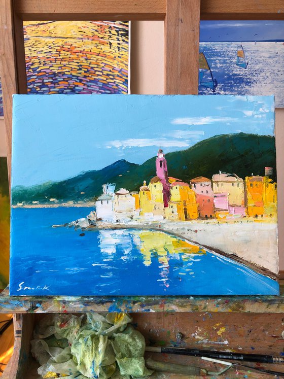 Italian village painting, Ligurian Rivera , impasto oil paintings