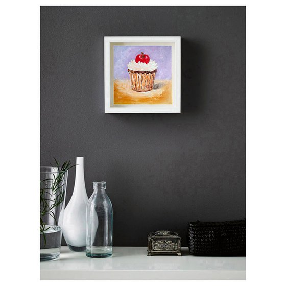 Cherry Cupcake Painting Original Art Dessert Artwork Small Food Wall Art 8 by 8