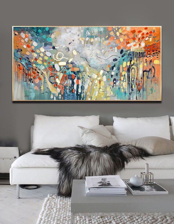 Rebirth - Abstract Painting 60" x 30" Large Abstract Gold Leaf Soft Colors White Gray Painting