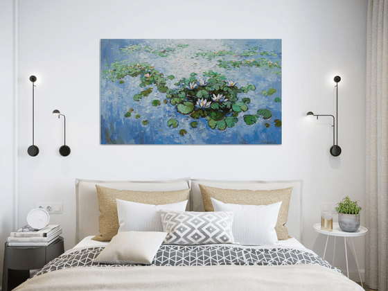 White Water Lilies - Large Original Oil painting 120 x 70 cm