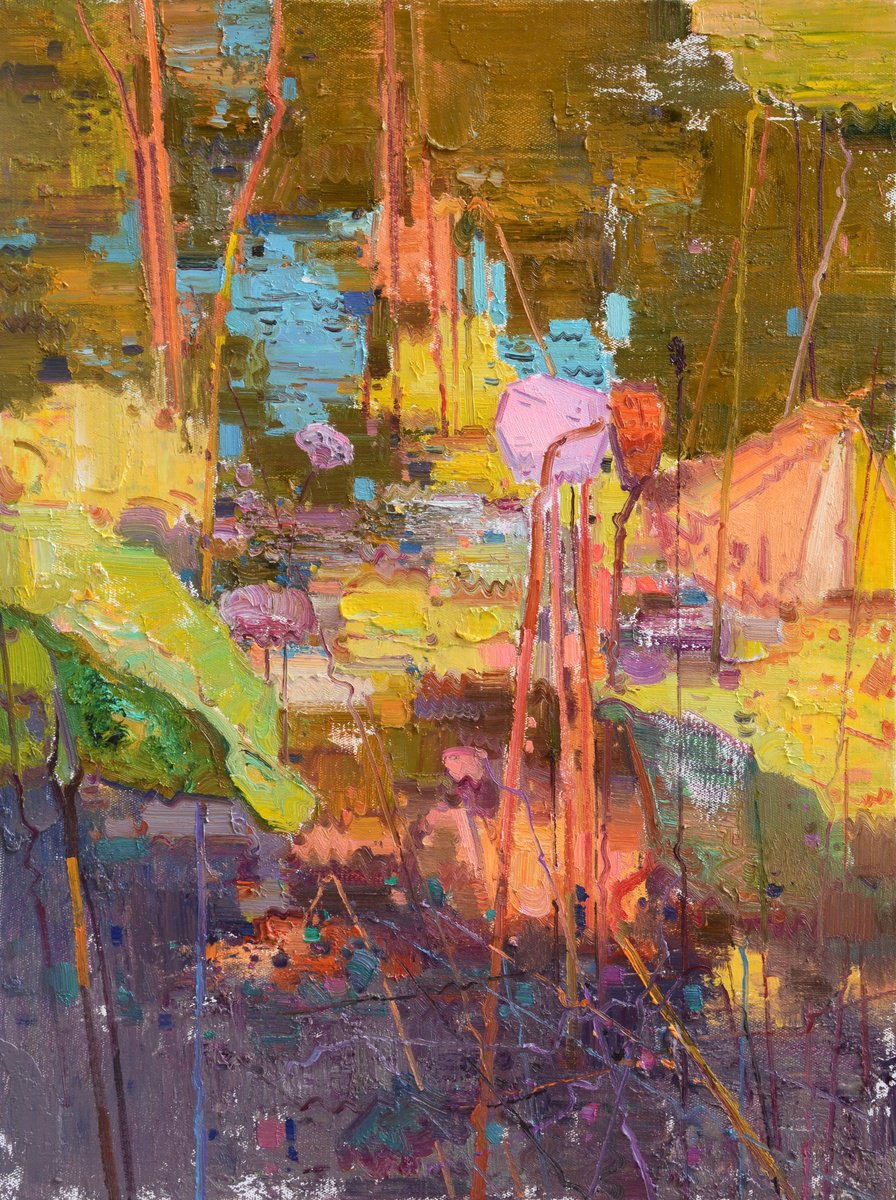 Impressionistic Landscape Oil Painting By Jianzhe Chon, 24 X 31, Lotus In Pond 227, Original Artwork