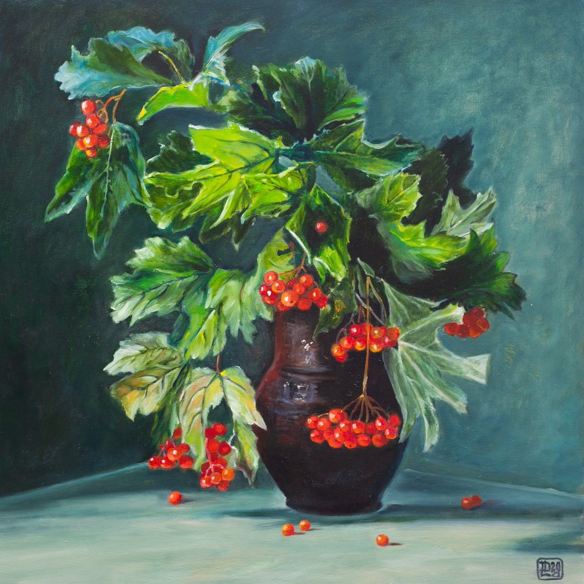 Photorealistic Botanical Oil Painting By Liudmila Pisliakova, 20 X 20", Red Viburnum, Original Artwork
