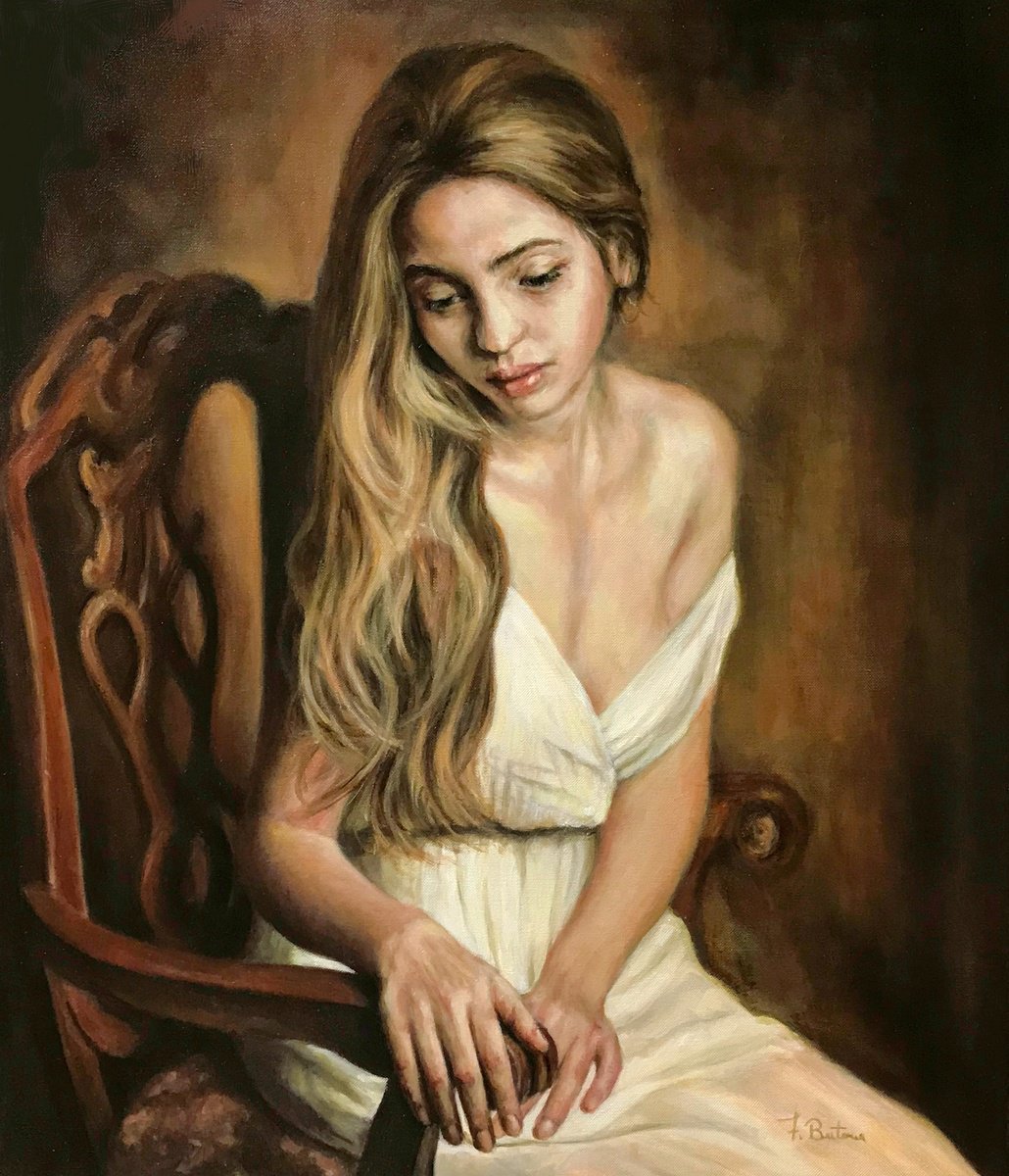 Photorealistic Portrait Oil Painting By Fabian Bertona, 24 X 28, The Decision Ii, Original Artwork