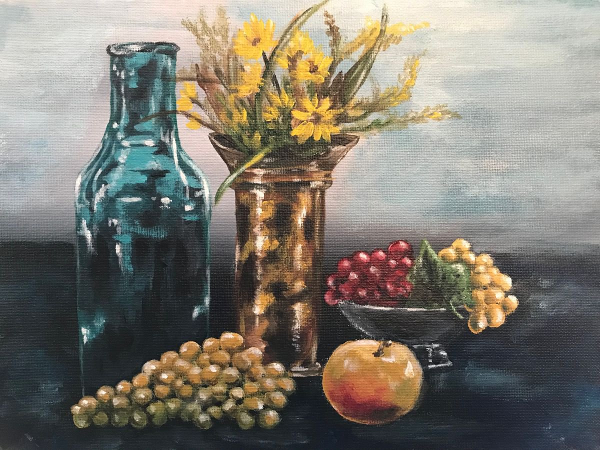 Impressionistic Still Life Acrylic Painting By Carolyn Shoemaker (Soma), 10 X 8, Fruits And Flowers, Original Artwork