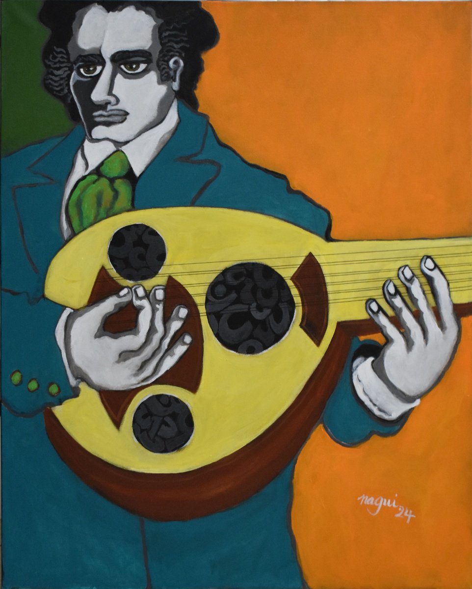Expressive Portrait Acrylic Painting By Nagui, 24 X 30", The Oudist, Original Artwork