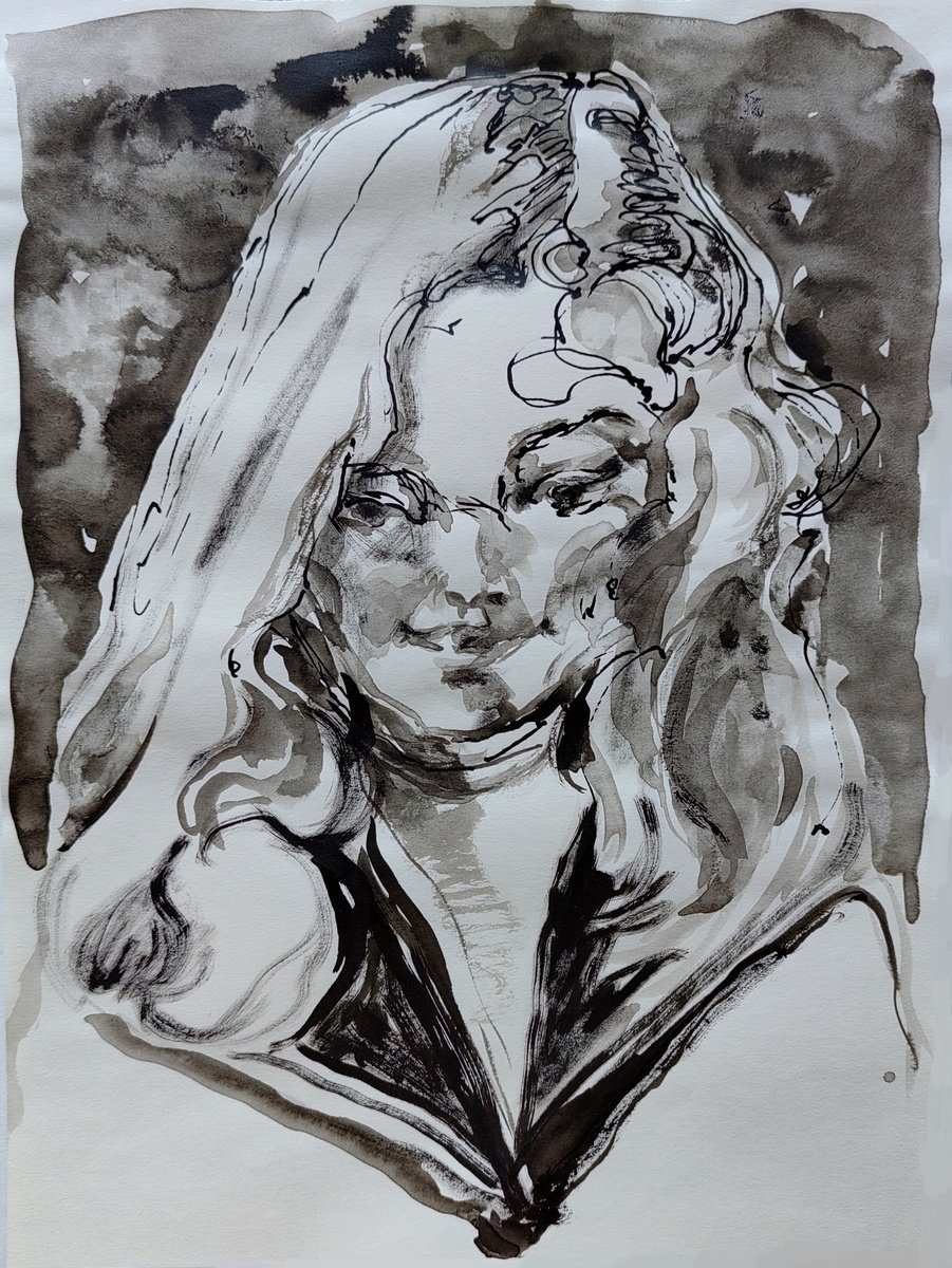 Impressionistic Portrait Ink Drawing By Jelena Djokic, 8 X 11, Little Sailor, Original Artwork