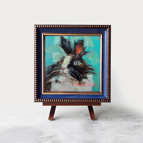 Cute rabbit painting original oil framed 4x4, Small framed art Black and white rabbit artwork turquoise background