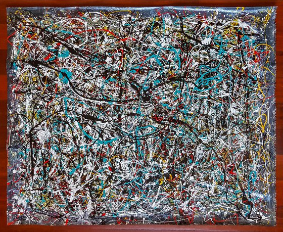 Abstract expressionism JACKSON POLLOCK style enamel on Unstretched Canvas.